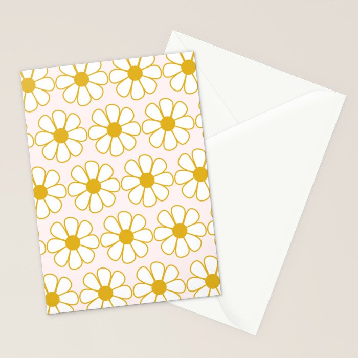 Cheerful Retro Daisy Flowers Pattern in Pale Pink and Mustard Stationery Card Gallery Image 2