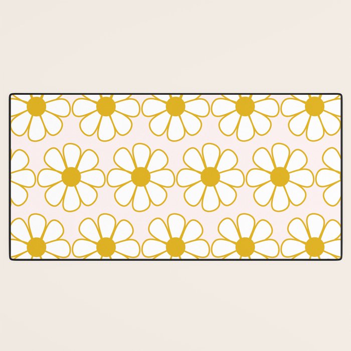 Cheerful Retro Daisy Flowers Pattern in Pale Pink and Mustard Desk Mat Gallery Image 3
