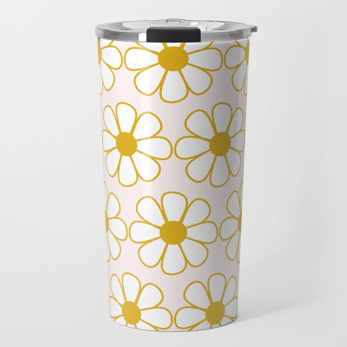 Cheerful Retro Daisy Flowers Pattern in Pale Pink and Mustard Travel Mug Gallery Image 1