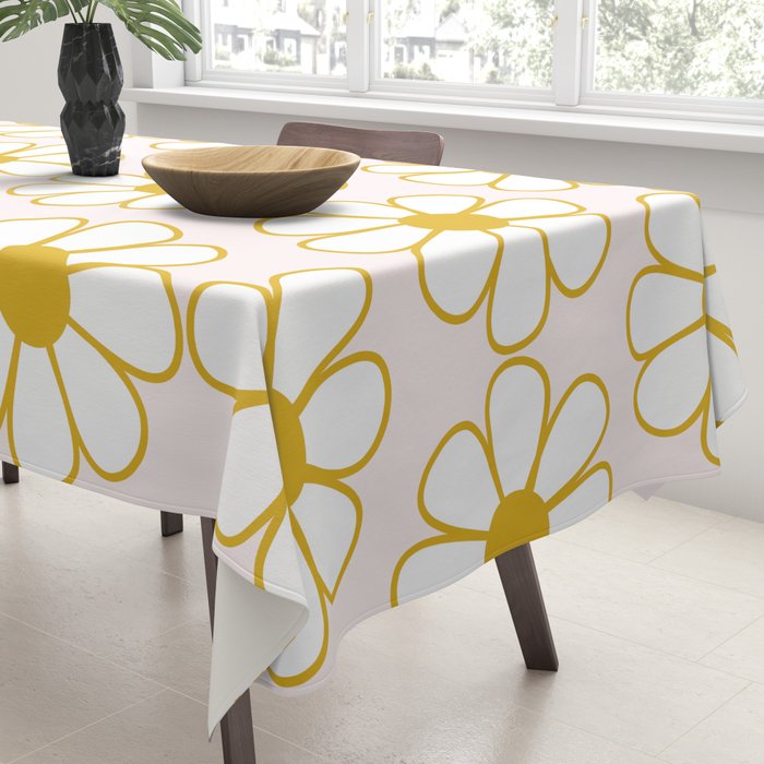 Cheerful Retro Daisy Flowers Pattern in Pale Pink and Mustard Tablecloth Gallery Image 3