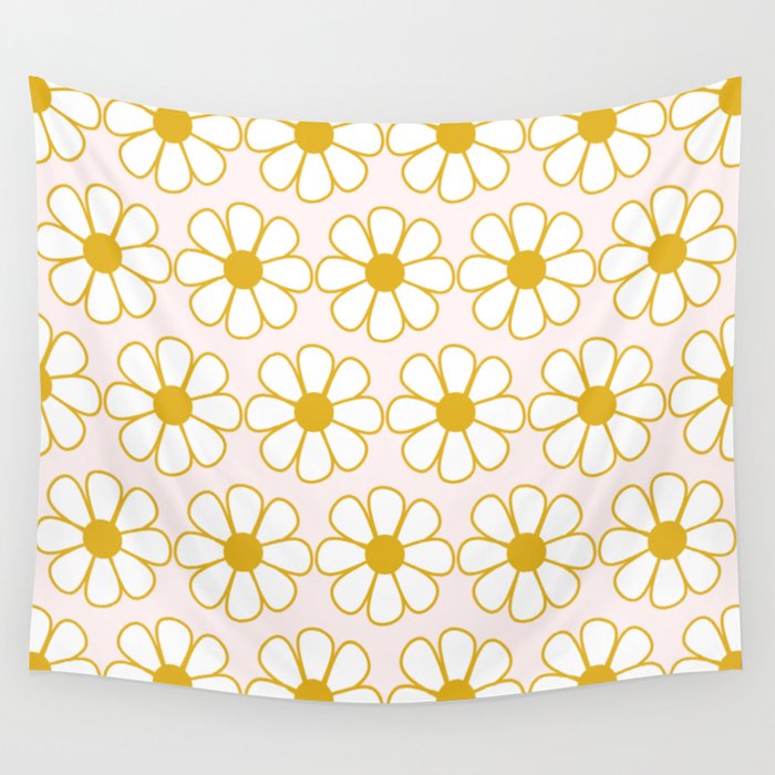 Cheerful Retro Daisy Flowers Pattern in Pale Pink and Mustard Wall Tapestry Gallery Image 4