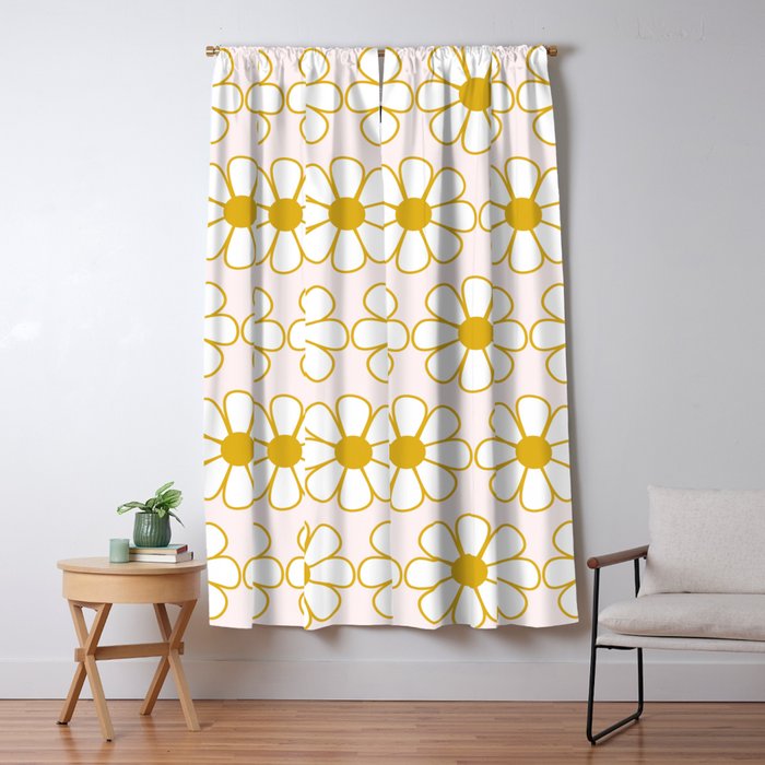 Cheerful Retro Daisy Flowers Pattern in Pale Pink and Mustard Window Curtain Gallery Image 5