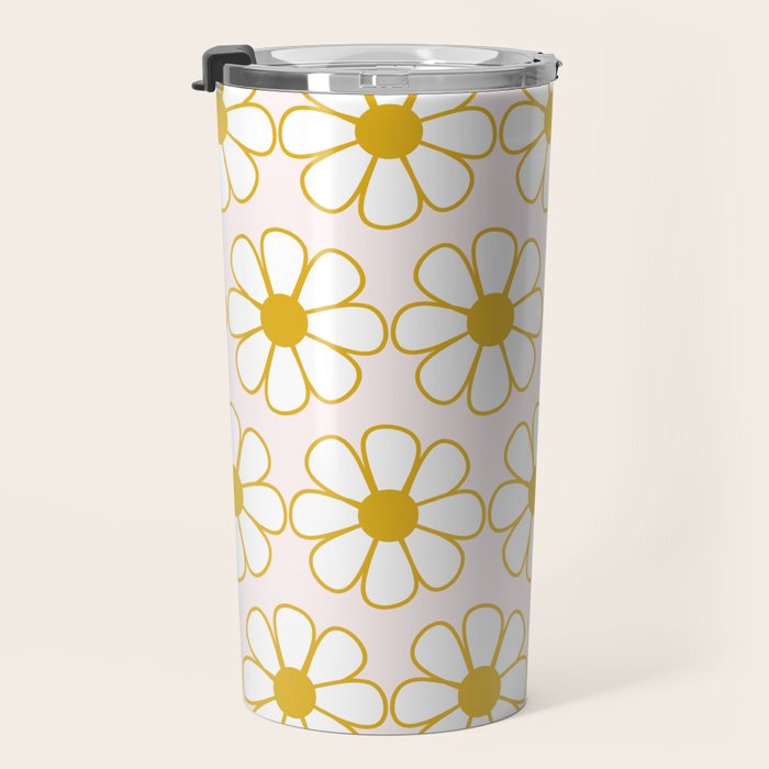 Cheerful Retro Daisy Flowers Pattern in Pale Pink and Mustard Travel Mug Gallery Image 3