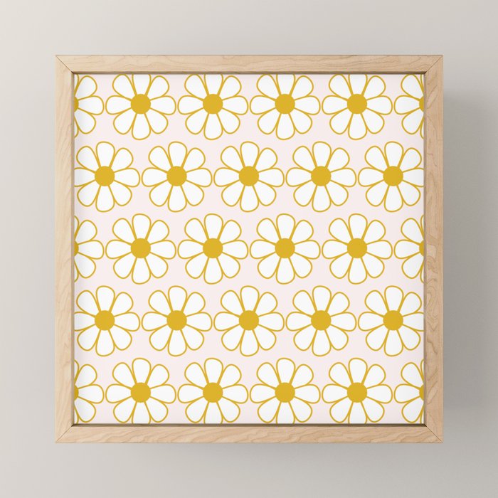 Cheerful Retro Daisy Flowers Pattern in Pale Pink and Mustard Mini Art Print Gallery Image 1