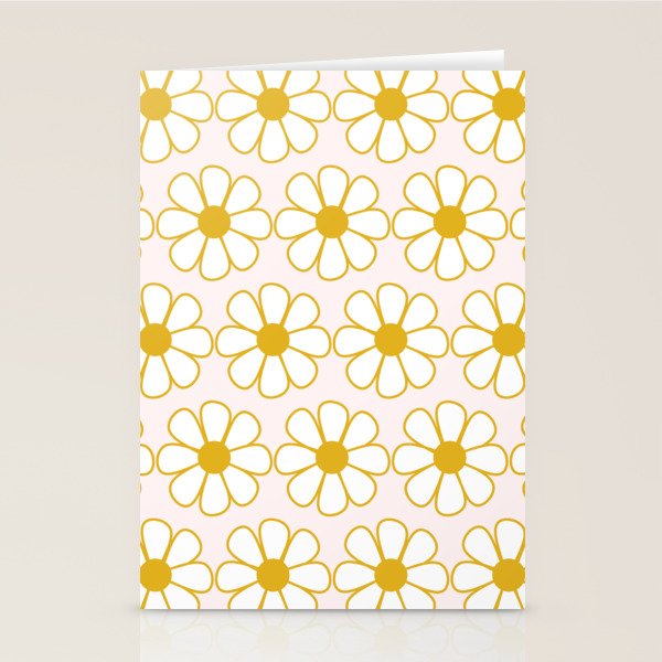 Cheerful Retro Daisy Flowers Pattern in Pale Pink and Mustard Stationery Card Gallery Image 1