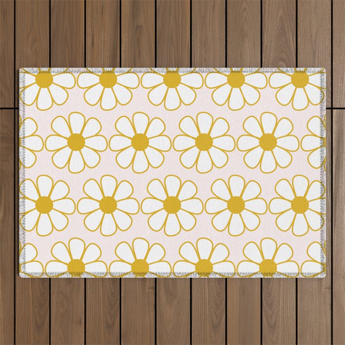 Cheerful Retro Daisy Flowers Pattern in Pale Pink and Mustard Outdoor Rug Gallery Image 1