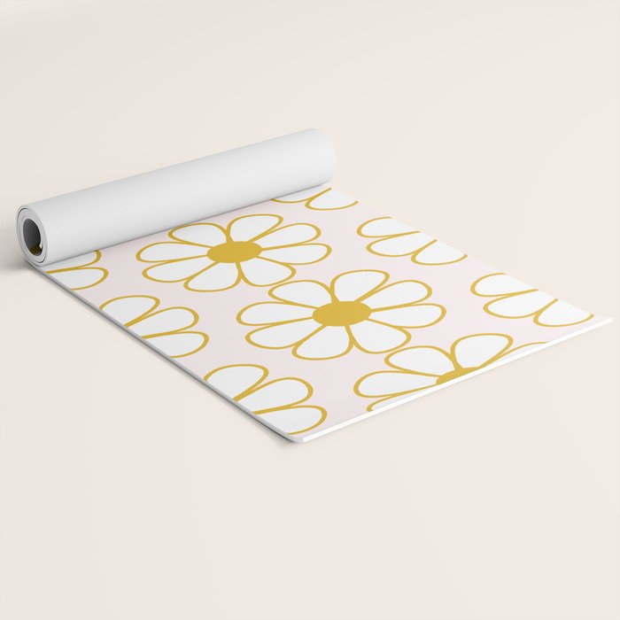 Cheerful Retro Daisy Flowers Pattern in Pale Pink and Mustard Yoga Mat Gallery Image 2
