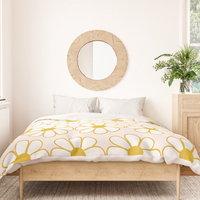 Cheerful Retro Daisy Flowers Pattern in Pale Pink and Mustard Duvet Cover Gallery Image 3