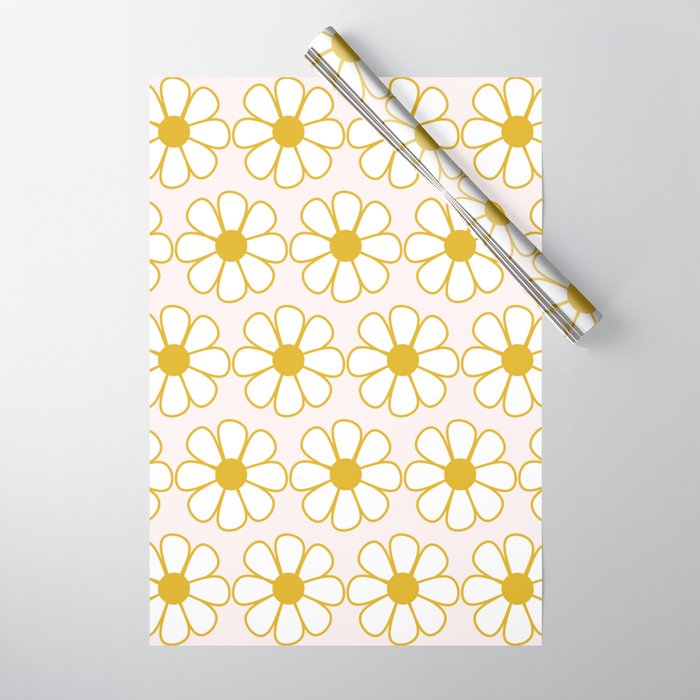 Cheerful Retro Daisy Flowers Pattern in Pale Pink and Mustard Wrapping Paper Gallery Image 1