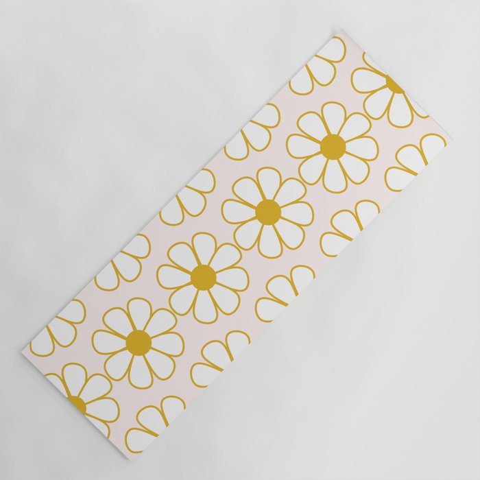 Cheerful Retro Daisy Flowers Pattern in Pale Pink and Mustard Yoga Mat Gallery Image 1
