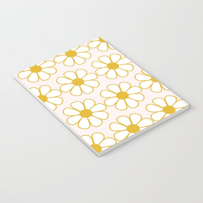 Cheerful Retro Daisy Flowers Pattern in Pale Pink and Mustard Notebook Gallery Image 3