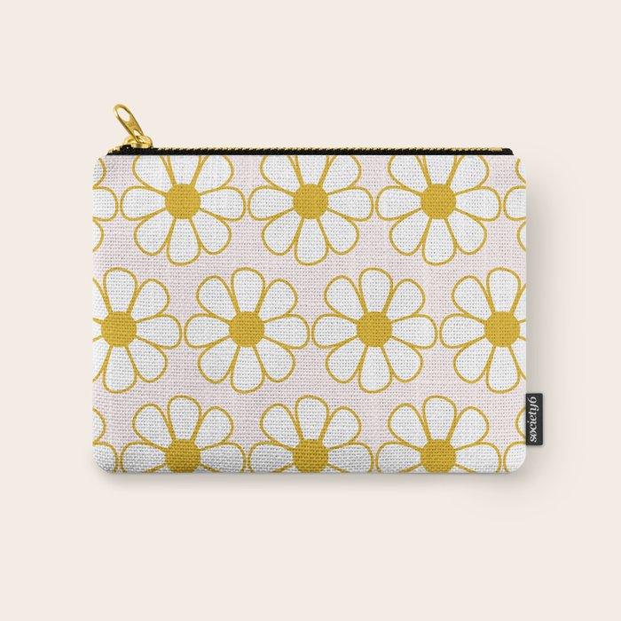 Cheerful Retro Daisy Flowers Pattern in Pale Pink and Mustard Carry All Pouch Gallery Image 1