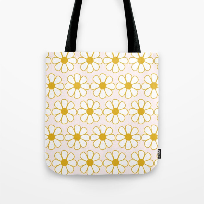 Cheerful Retro Daisy Flowers Pattern in Pale Pink and Mustard Tote Bag Gallery Image 1