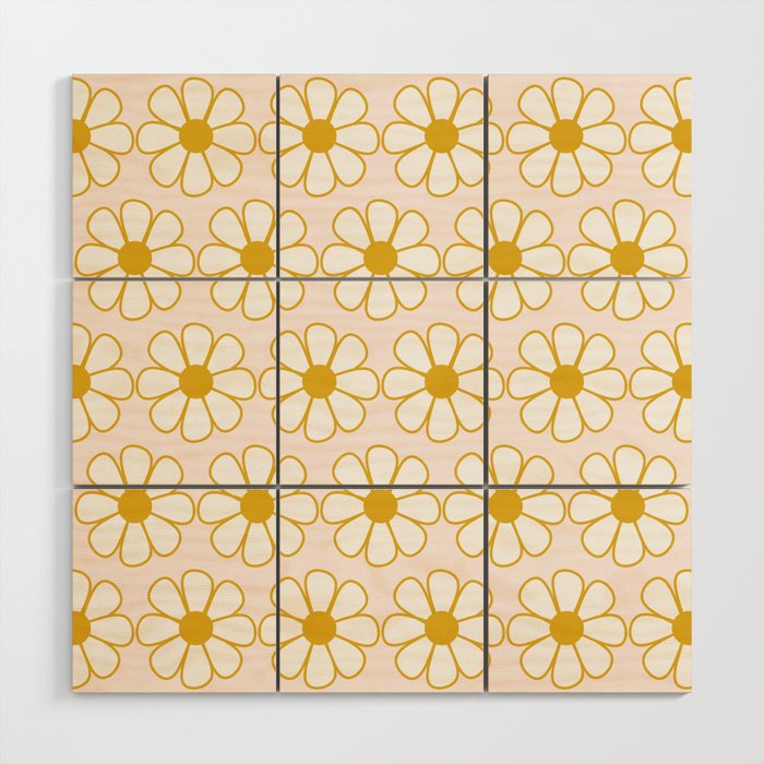 Cheerful Retro Daisy Flowers Pattern in Pale Pink and Mustard Wood Wall Art Gallery Image 1