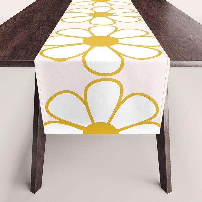 Cheerful Retro Daisy Flowers Pattern in Pale Pink and Mustard Table Runner Gallery Image 1