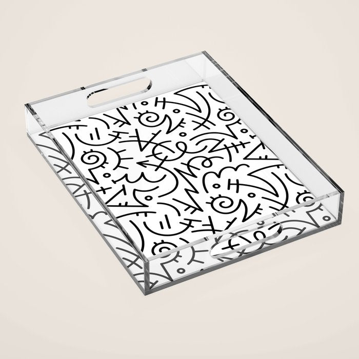Abstract black and white line doodle pattern Acrylic Tray Gallery Image 1