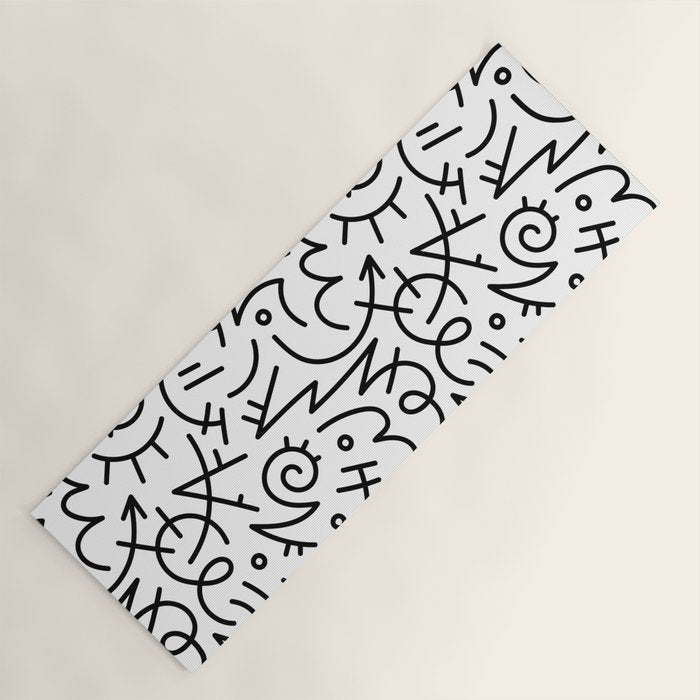 Abstract black and white line doodle pattern Yoga Mat Gallery Image 1