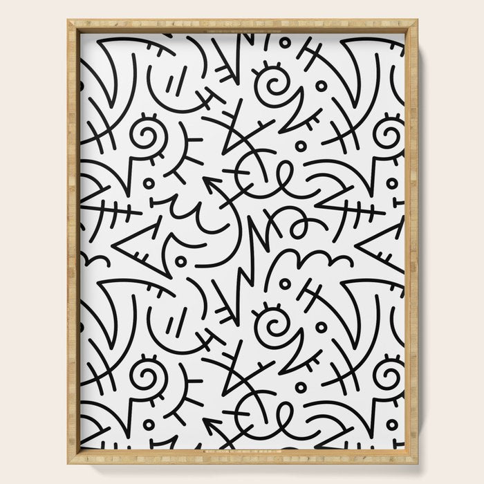 Abstract black and white line doodle pattern Serving Tray Gallery Image 1