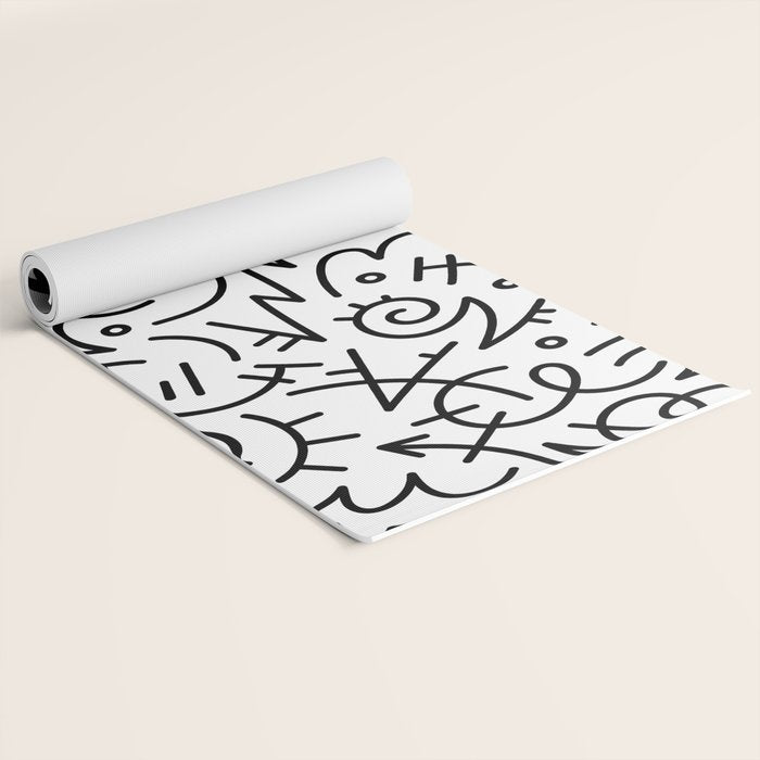 Abstract black and white line doodle pattern Yoga Mat Gallery Image 2