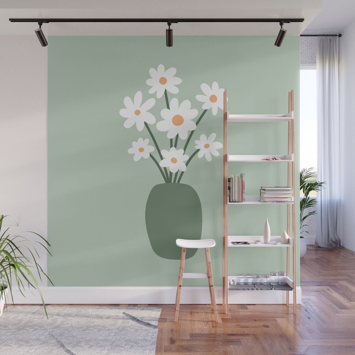 Daisies in Vase (sage green) Wall Mural Gallery Image 1