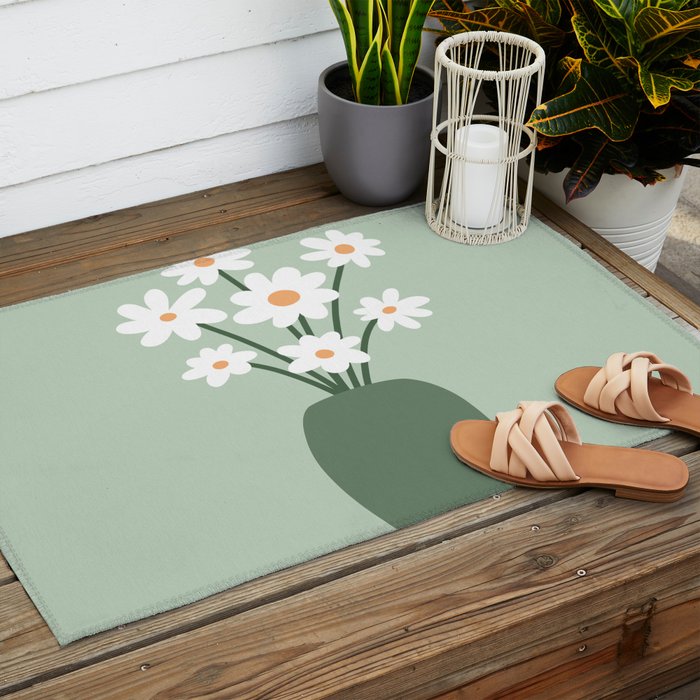 Daisies in Vase (sage green) Outdoor Rug Gallery Image 2