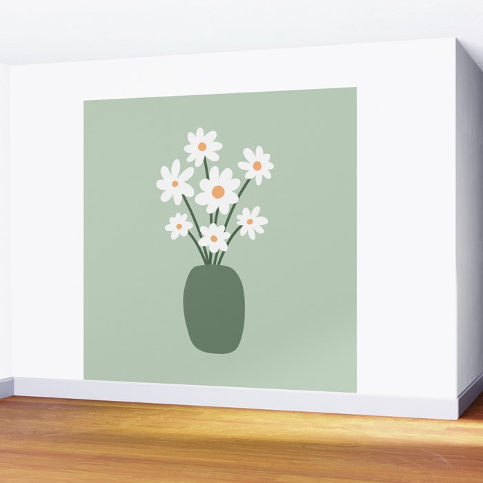 Daisies in Vase (sage green) Wall Mural Gallery Image 2