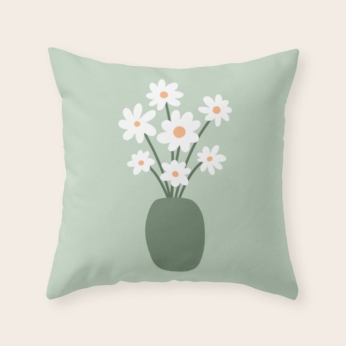 Daisies in Vase (sage green) Throw Pillow Gallery Image 1