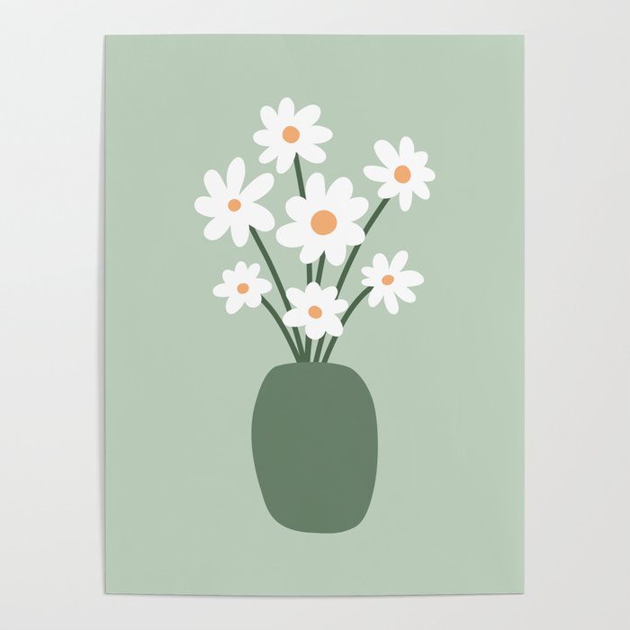 Daisies in Vase (sage green) Poster Gallery Image 1