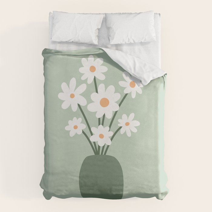 Daisies in Vase (sage green) Duvet Cover Gallery Image 1