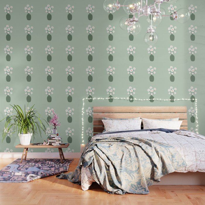 Daisies in Vase (sage green) Wallpaper Gallery Image 3