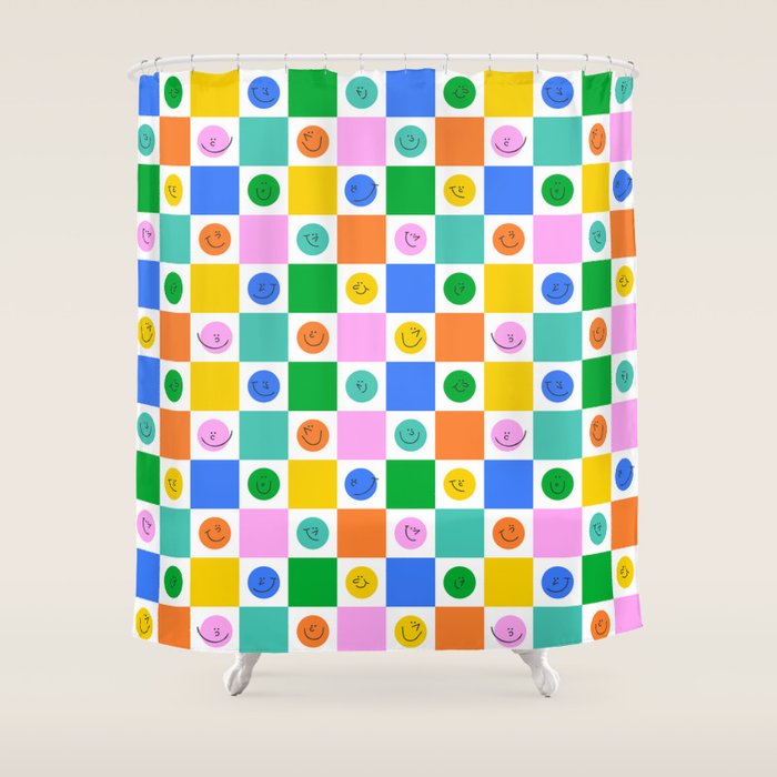 Colorful happy face checkered pattern art Shower Curtain Gallery Image 1