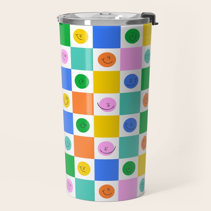 Colorful happy face checkered pattern art Travel Mug Gallery Image 2