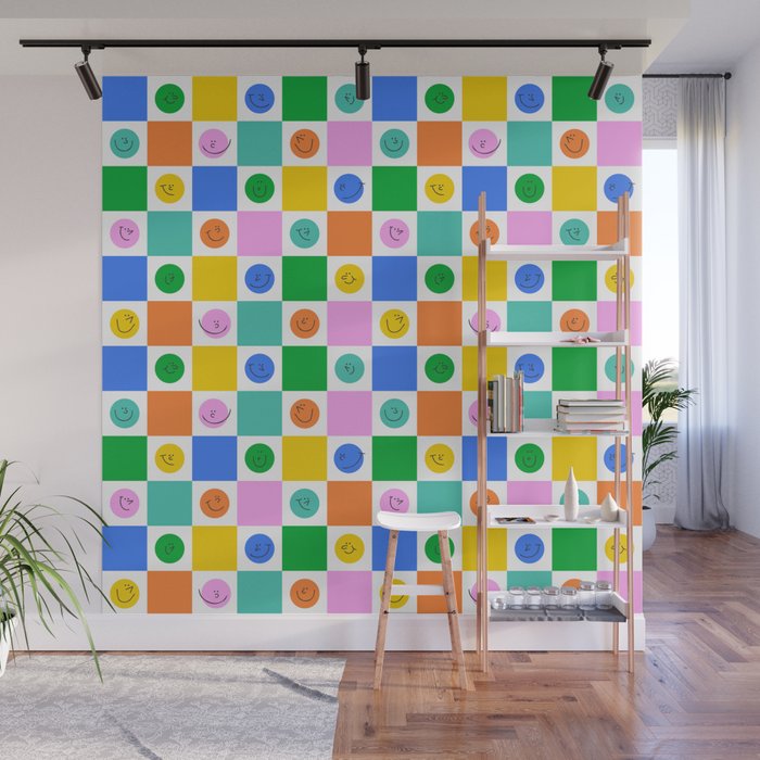 Colorful happy face checkered pattern art Wall Mural Gallery Image 1