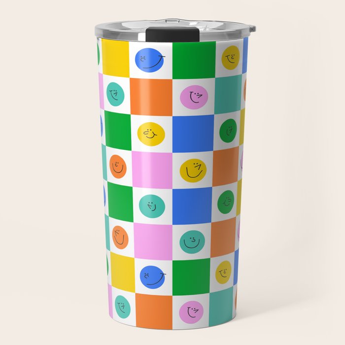 Colorful happy face checkered pattern art Travel Mug Gallery Image 1