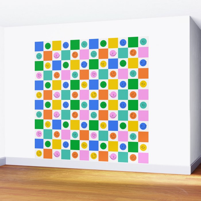 Colorful happy face checkered pattern art Wall Mural Gallery Image 2
