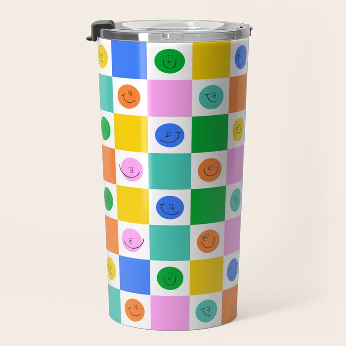 Colorful happy face checkered pattern art Travel Mug Gallery Image 3