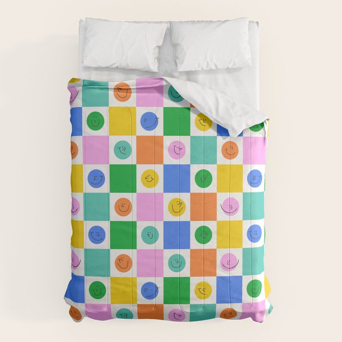 Colorful happy face checkered pattern art Comforter Gallery Image 6