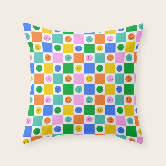 Colorful happy face checkered pattern art Throw Pillow Gallery Image 1
