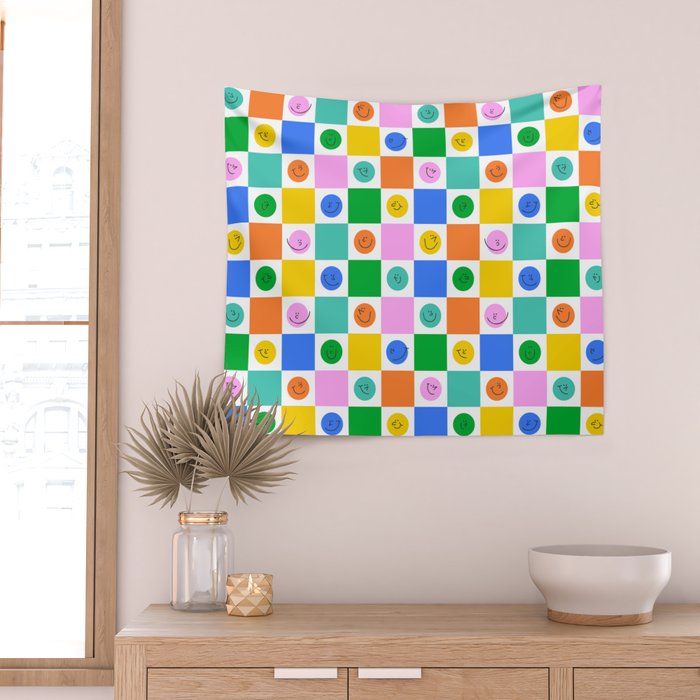 Colorful happy face checkered pattern art Wall Tapestry Gallery Image 2