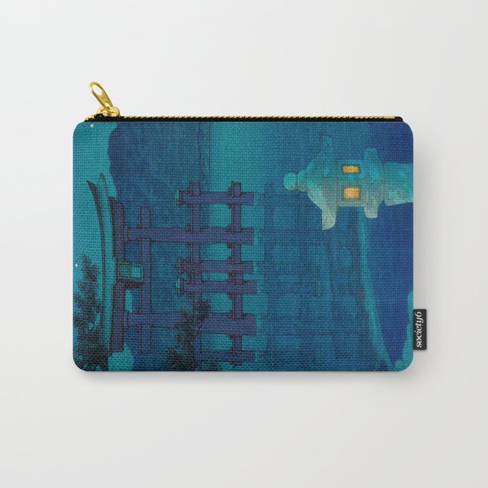 Japanese Woodblock print Torii In The Lake During Night Blue Monochromatic Carry All Pouch Gallery Image 1