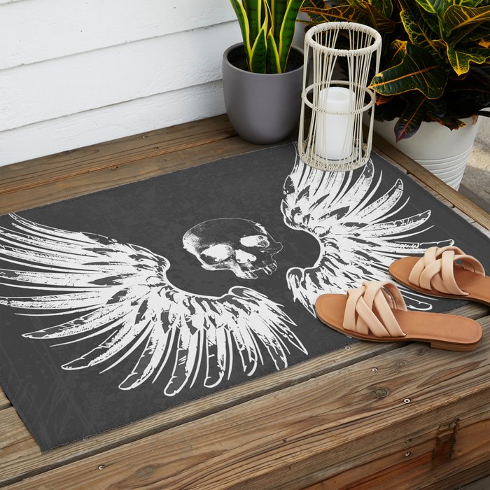 Grey & White Rock Angel Wings Skull Outdoor Rug Gallery Image 2