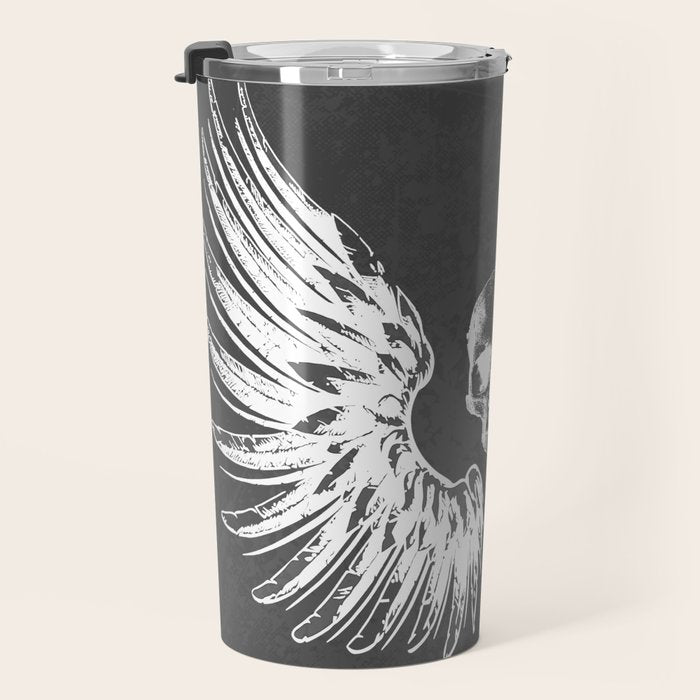 Grey & White Rock Angel Wings Skull Travel Mug Gallery Image 3