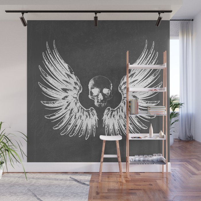 Grey & White Rock Angel Wings Skull Wall Mural Gallery Image 1
