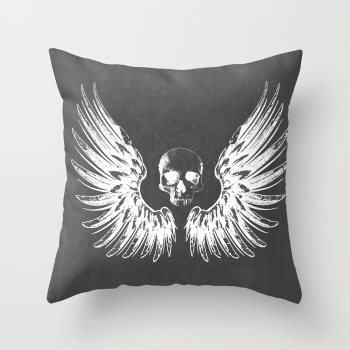 Grey & White Rock Angel Wings Skull Throw Pillow Gallery Image 6