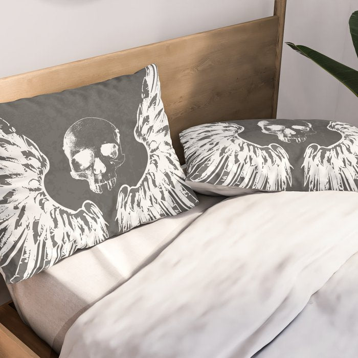 Grey & White Rock Angel Wings Skull Pillow Sham Gallery Image 2