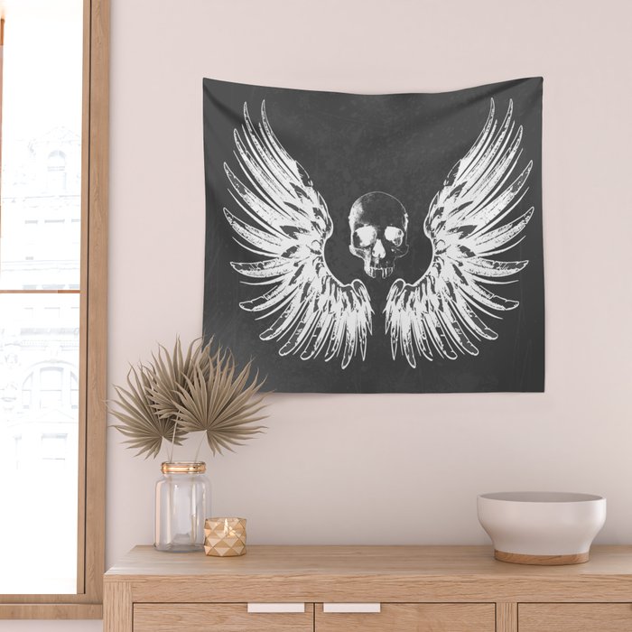 Grey & White Rock Angel Wings Skull Wall Tapestry Gallery Image 2