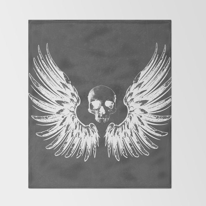 Grey & White Rock Angel Wings Skull Throw Blanket Gallery Image 2