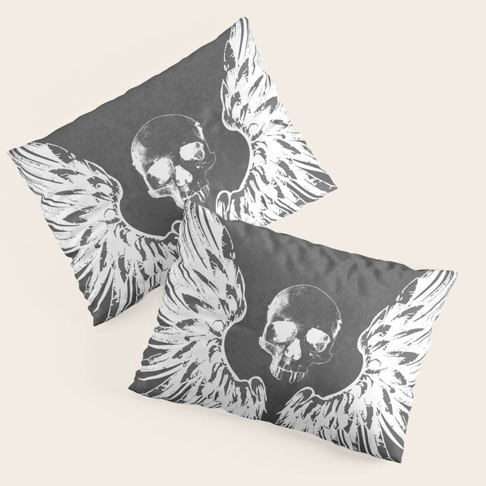 Grey & White Rock Angel Wings Skull Pillow Sham Gallery Image 3
