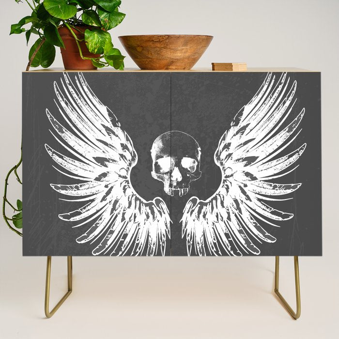 Grey & White Rock Angel Wings Skull Credenza Gallery Image 1