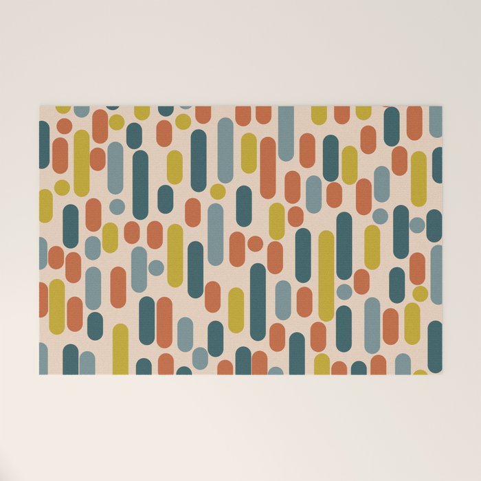 Morningside Heights Mid Century Modern Pattern in Steel Blue, Mustard, Orange, and Cream Tones Welcome Mat Gallery Image 1